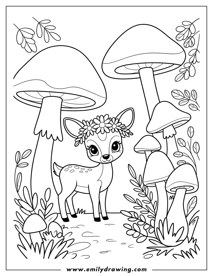 Outline of Bambi, wearing a flower crown, standing near large mushrooms and foliage. This is a simple illustration in a cute style suitable for children's coloring activities.