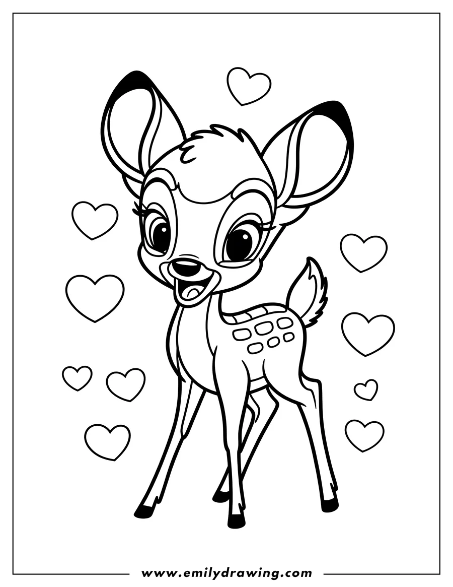 Line art of Bambi the deer surrounded by hearts.  Ready to color!