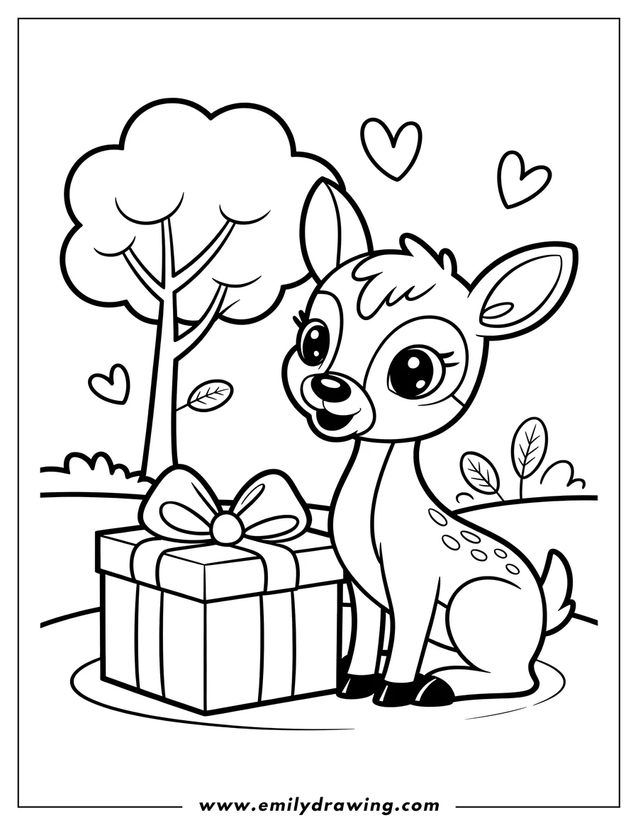 Outline of Bambi sitting next to a wrapped present with a bow, a tree in the background