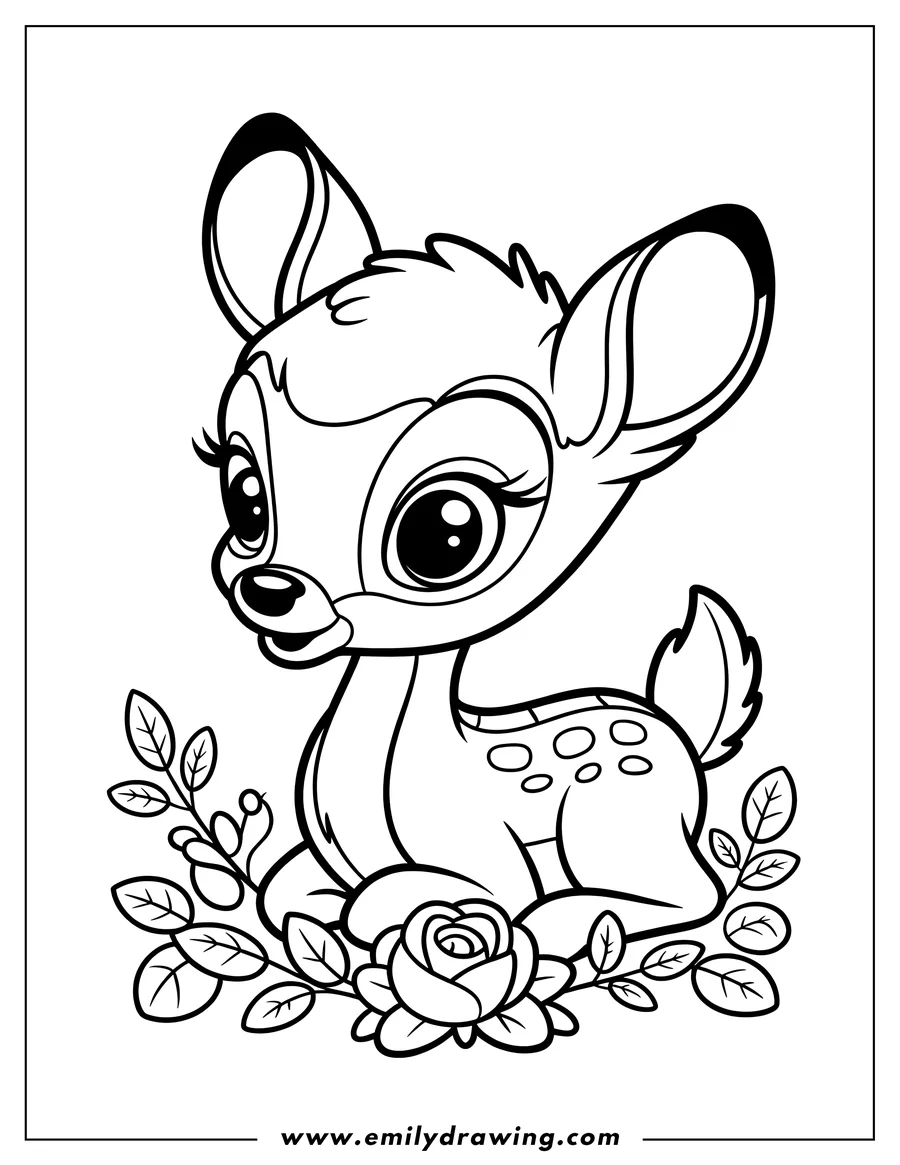 Outline of Bambi sitting near a rose and leaves.