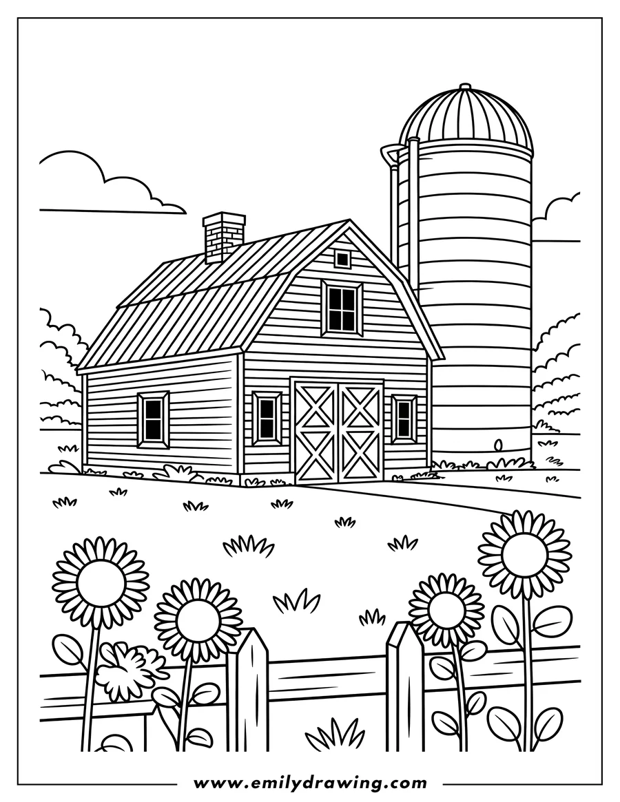Outline of a barn with a silo, a fence, and sunflowers in front.