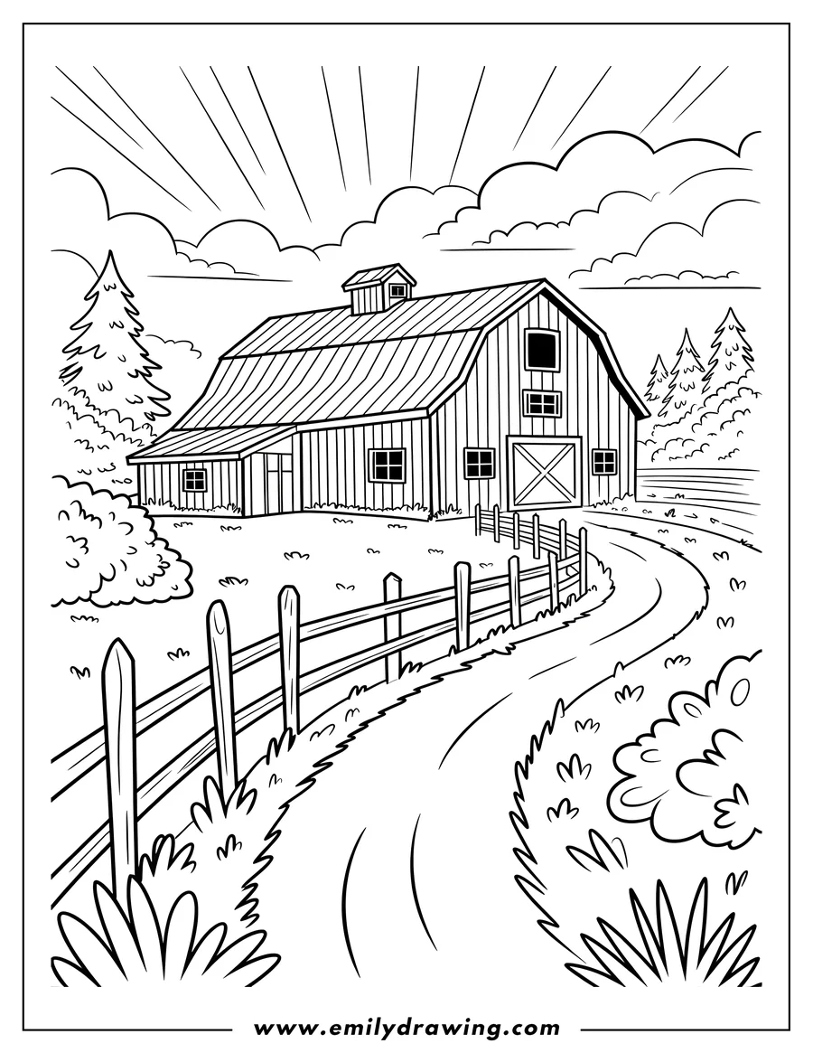 Line art of a barn on a farm with a fence, trees, and a path.