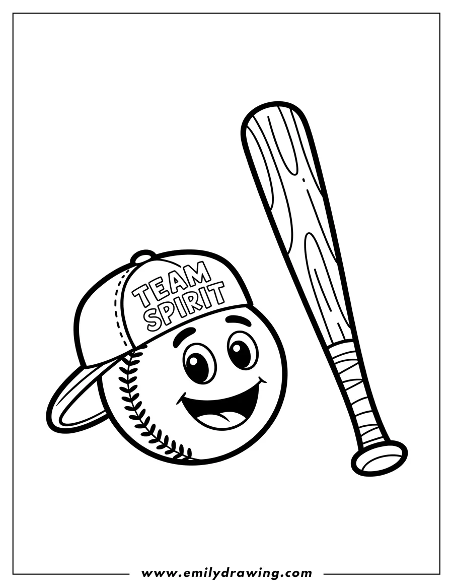 Line art of a smiling baseball wearing a 