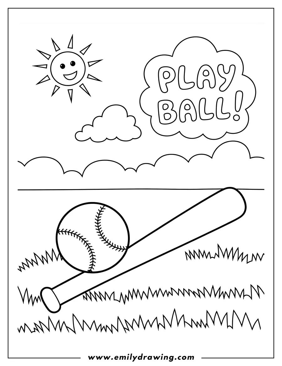 Outline of a baseball and bat lying in the grass with a smiling sun and the words 