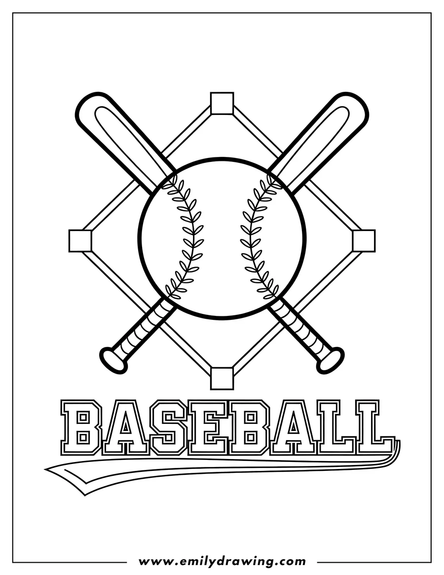 Line art of a baseball with crossed bats and a baseball diamond shape behind it.