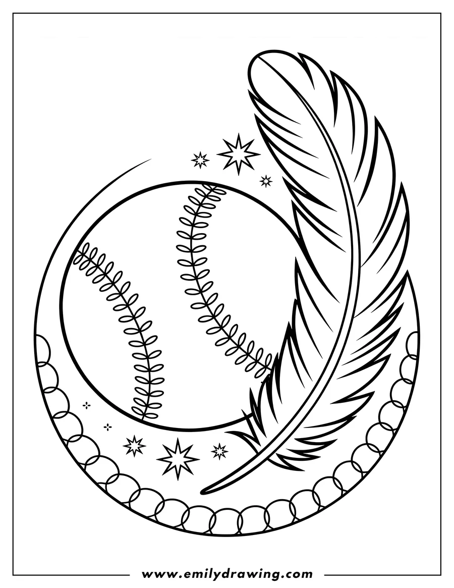 Line art of a baseball and a feather with decorative stars and circles.