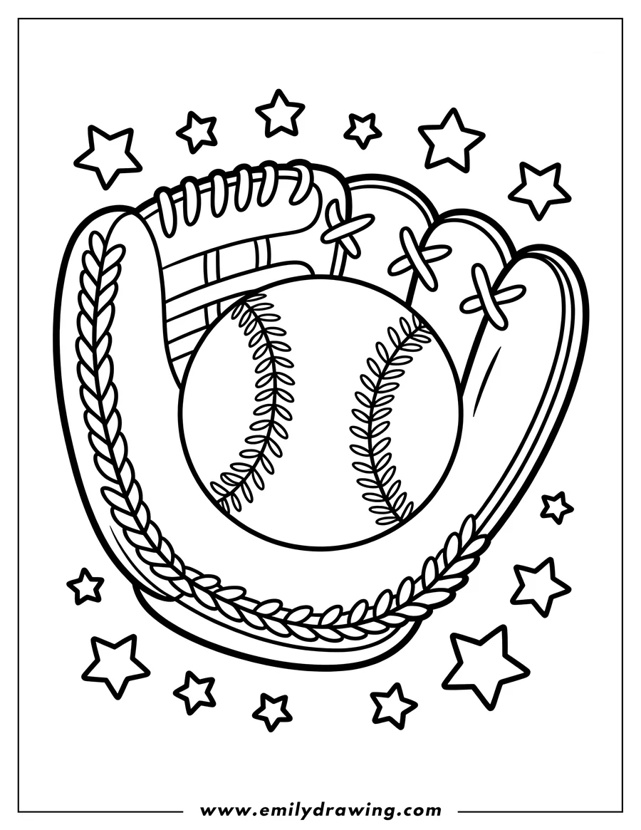 Outline of a baseball nestled in a glove, surrounded by stars.