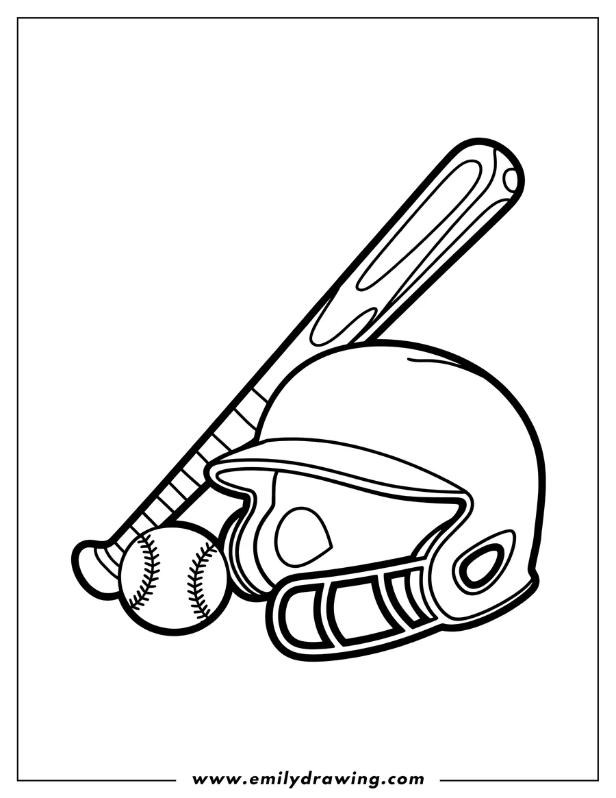 Line art of a baseball bat, ball, and helmet, ready for coloring.