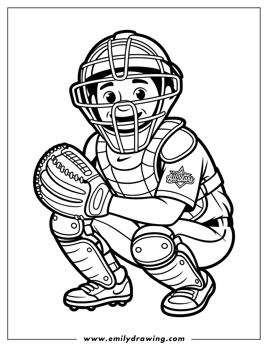 Line art of a baseball catcher in a crouching position, wearing a helmet and holding a mitt.