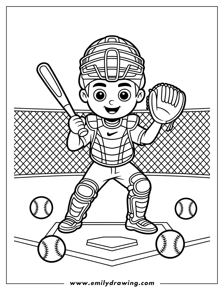 Line drawing of a baseball catcher, wearing full catcher's gear including a helmet, chest protector and leg guards, holding a bat and mitt, ready for the pitch.