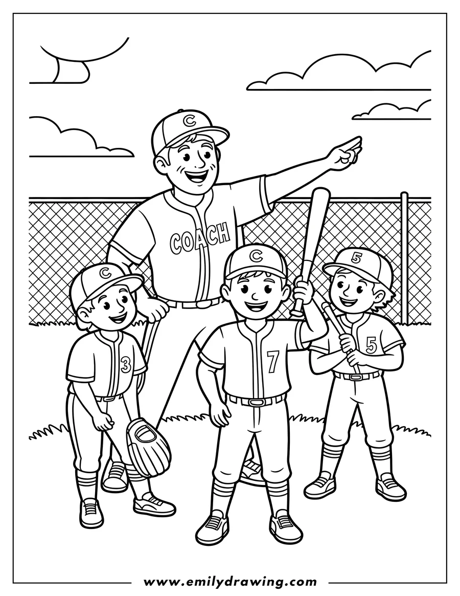 Line art of a baseball coach and three players on a baseball field. The coach is gesturing while the players hold bats and a glove.