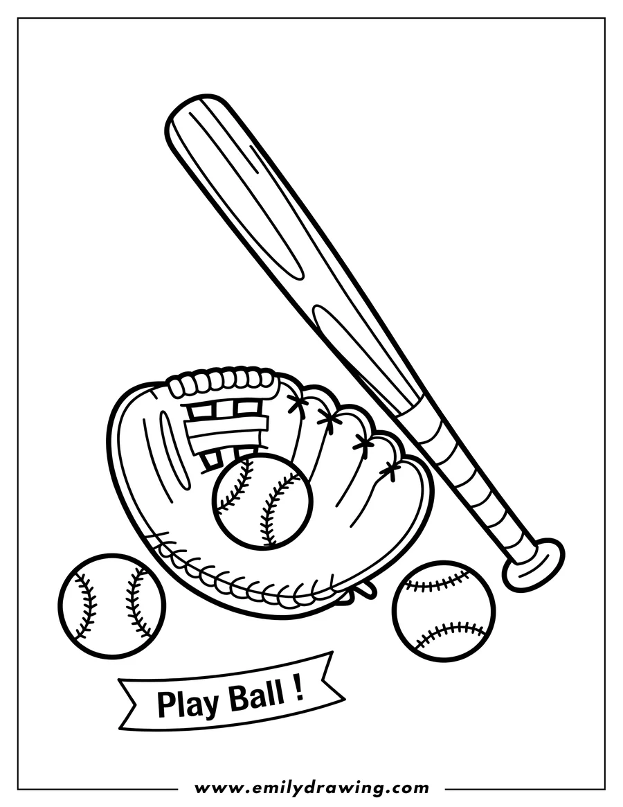 Outline of a baseball bat, glove, and two baseballs. The glove holds a third baseball. 