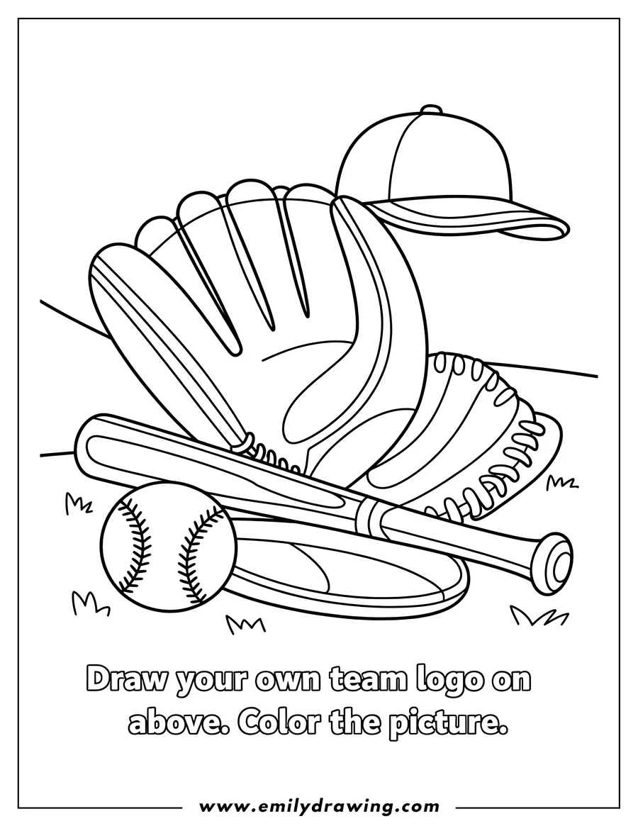 Line art of a baseball glove, bat, ball, and cap arranged on the ground.
