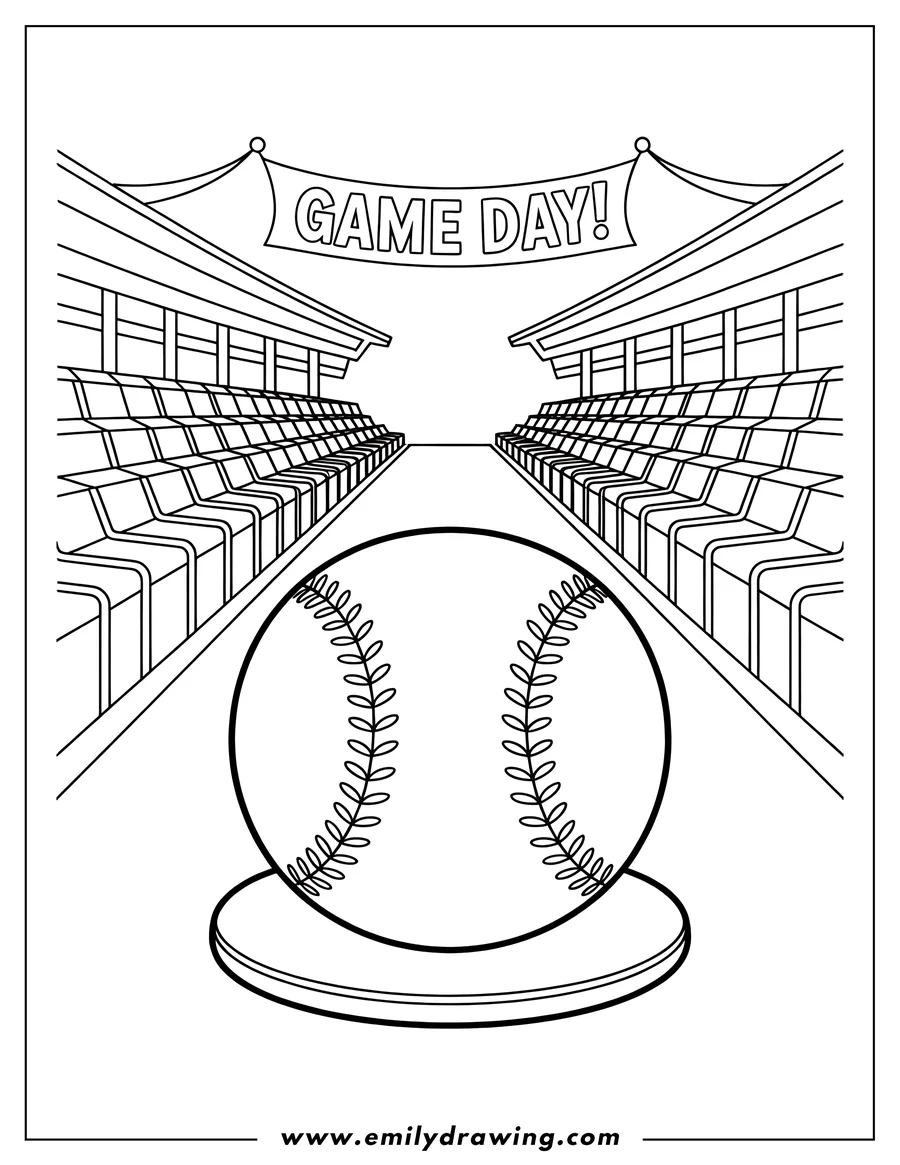 Line art of a baseball in a stadium with a 'Game Day!' banner. Empty bleachers line the sides.