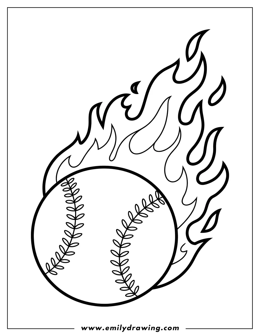 Line art of a baseball with flames trailing behind it.