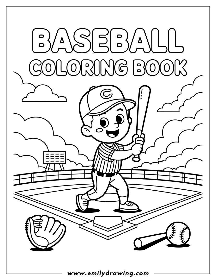 Line art of a baseball player swinging a bat at home plate. A glove, baseball, and bat lie on the field.  A scoreboard and fence are visible in the background.