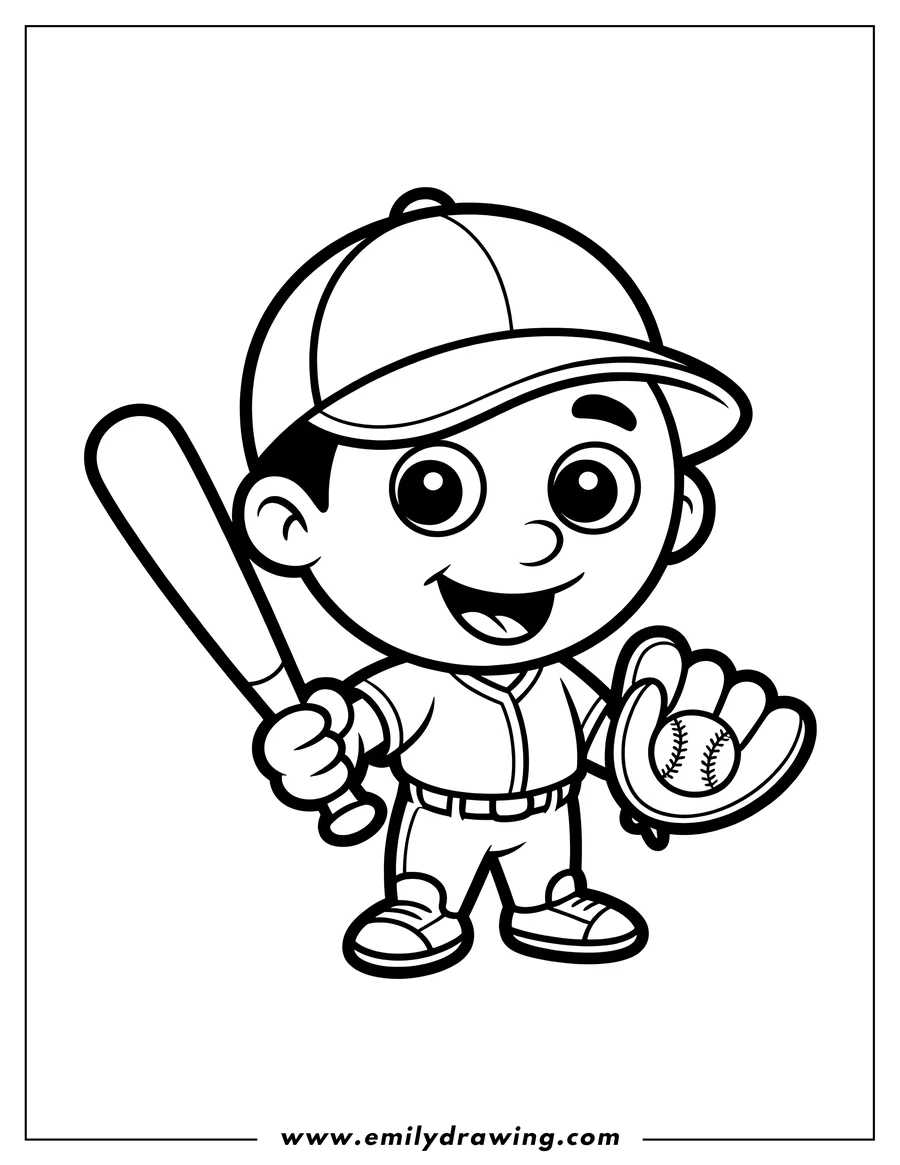 Line art of a baseball player holding a bat and glove, ready for a game.