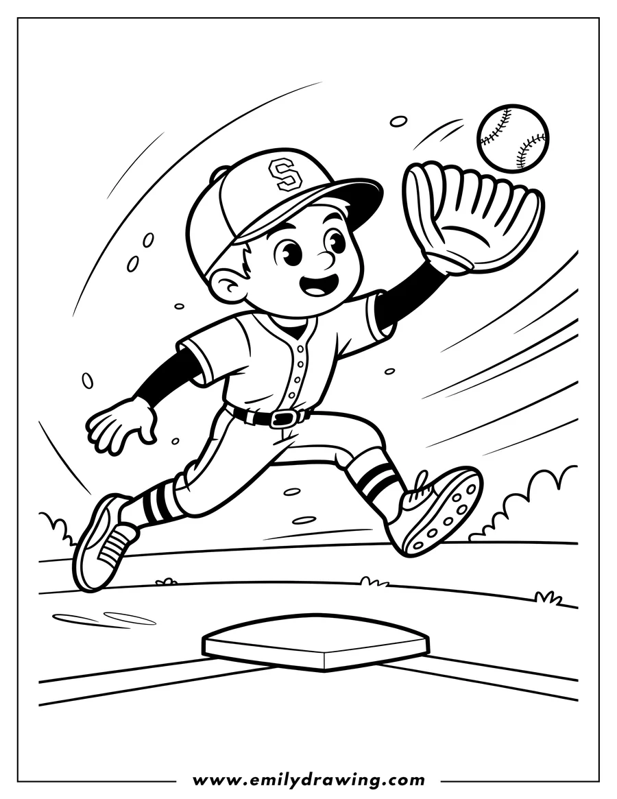 Outline of a baseball player running to catch a ball with his glove. He's wearing a baseball cap and uniform.