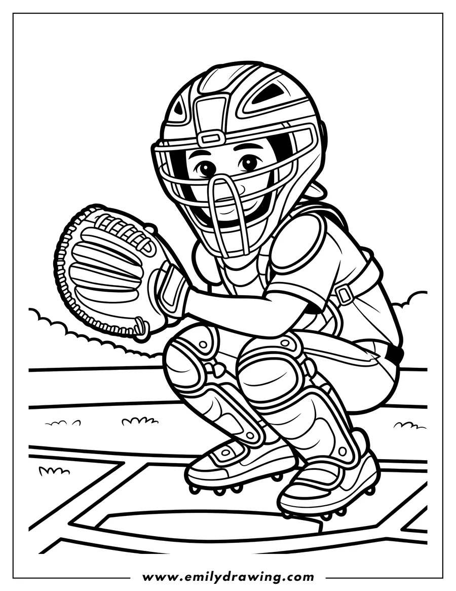 Line art of a baseball player in a catcher's stance.  The player wears a helmet, chest protector, and shin guards. They hold a catcher's mitt.