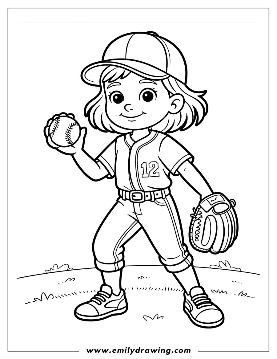 Outline of a girl in a baseball uniform, holding a ball and glove, about to throw.