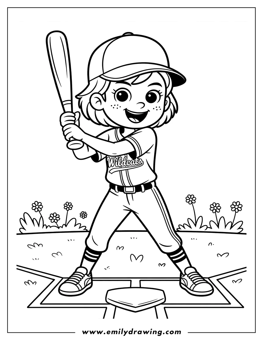 Line art of a baseball player standing at home plate, holding a bat and ready to swing. They wear a baseball uniform with a team logo, shoes, socks, and a baseball cap.  The scene includes a base and base lines, along with a background of grass and a few simple flowers.