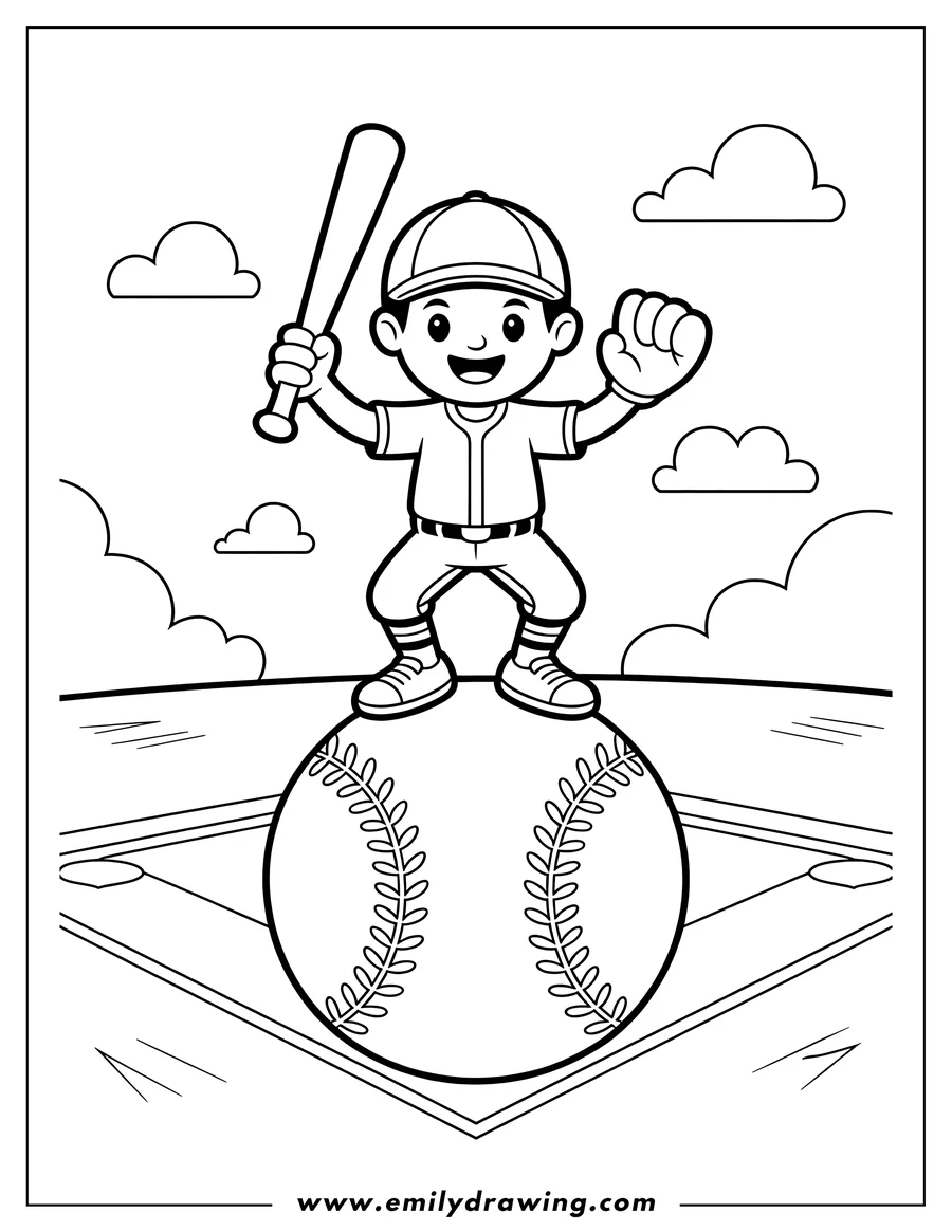 Line art of a baseball player standing on a baseball, holding a bat, on a baseball field.