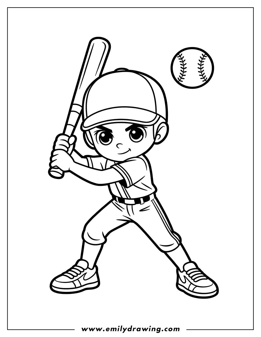 Line drawing of a baseball player with a bat, about to swing at an incoming baseball.