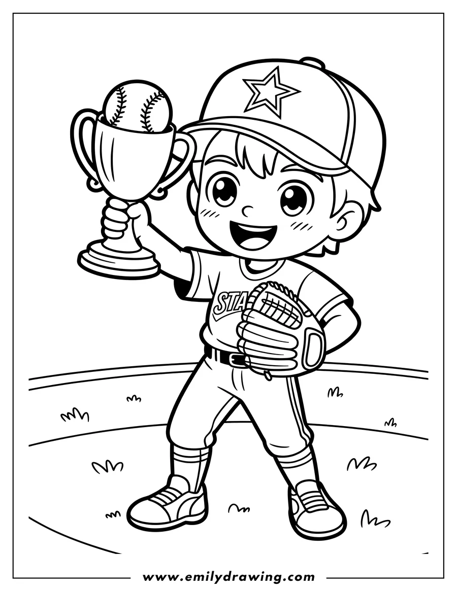 Line art of a baseball player holding a trophy, wearing a cap and holding a glove.