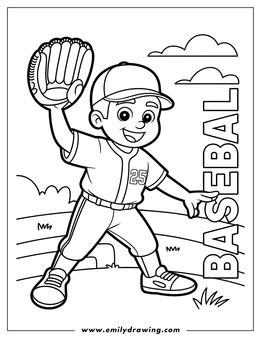 Line art of a baseball player wearing a cap, holding a glove up, ready to catch a ball. The word BASEBALL is written vertically in the background.