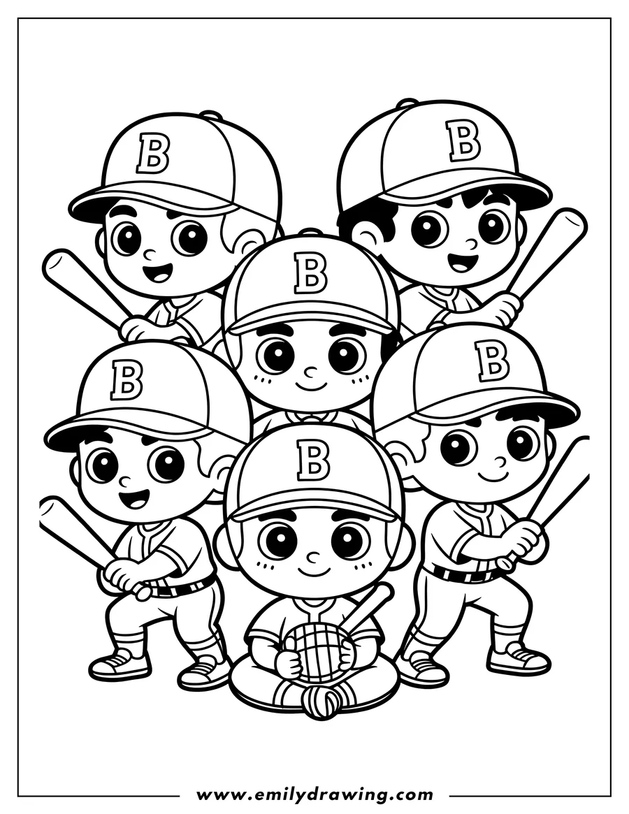 Line art of a baseball team, some players holding bats, one sitting with a baseball.