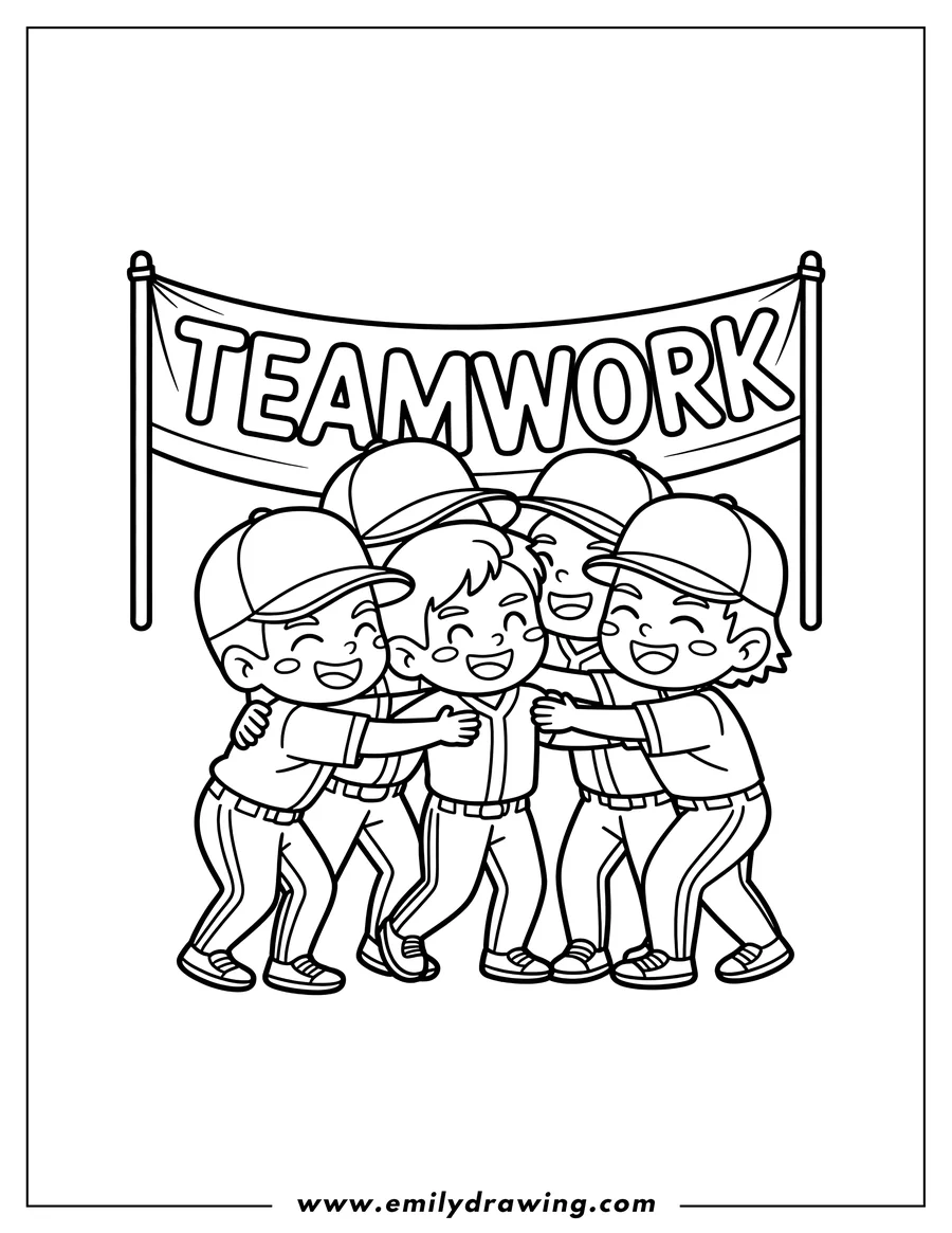 Line art of a baseball team hugging under a 'Teamwork' banner. They are wearing baseball uniforms and caps.