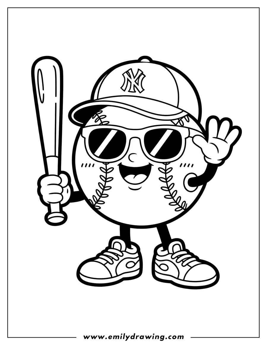 Line art of a friendly baseball character wearing a backwards NY baseball cap, sunglasses, and sneakers, holding a bat and waving.
