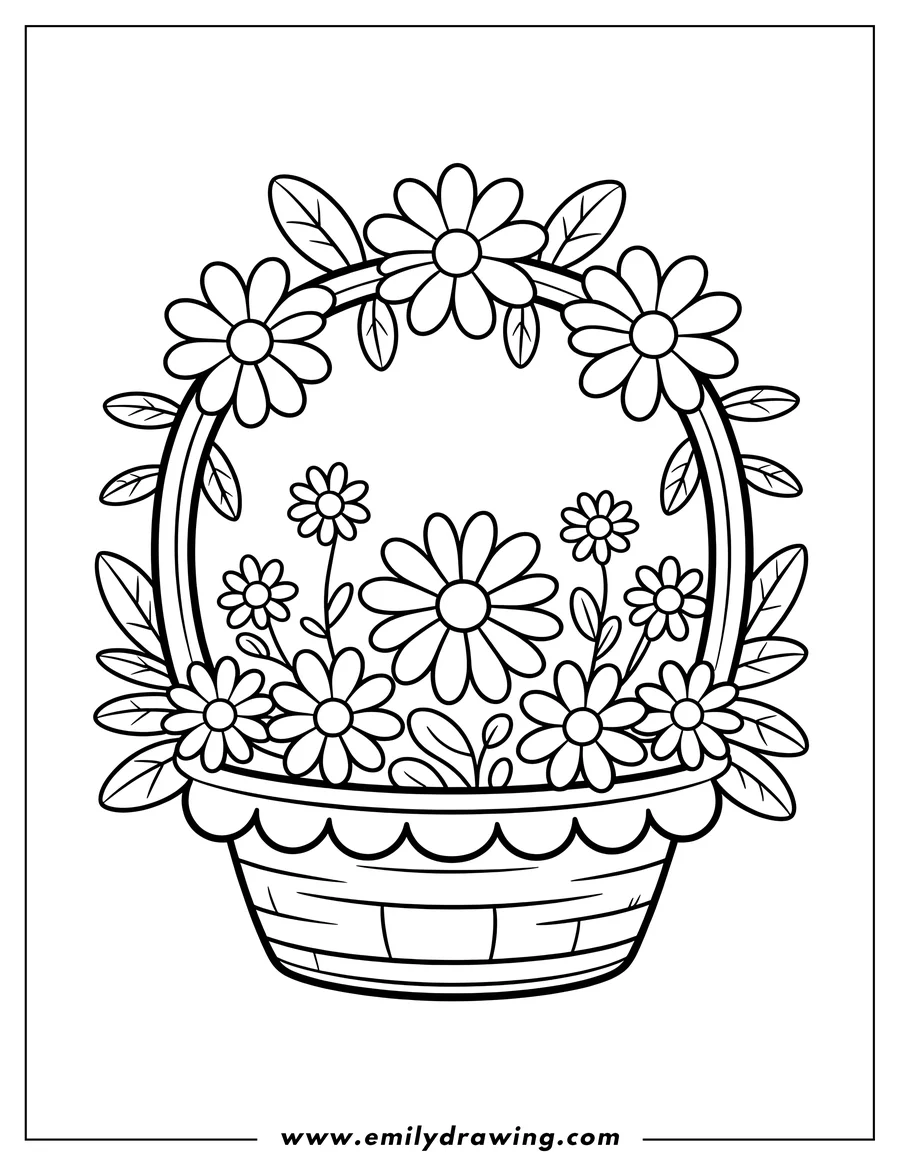 Outline of a basket overflowing with daisies and leaves.