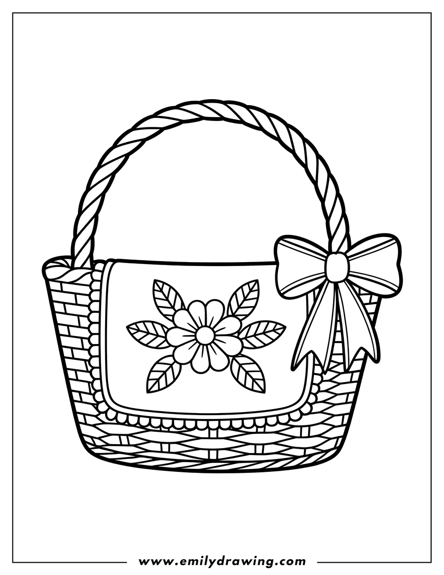 Line art of a basket with a flower design and a bow.