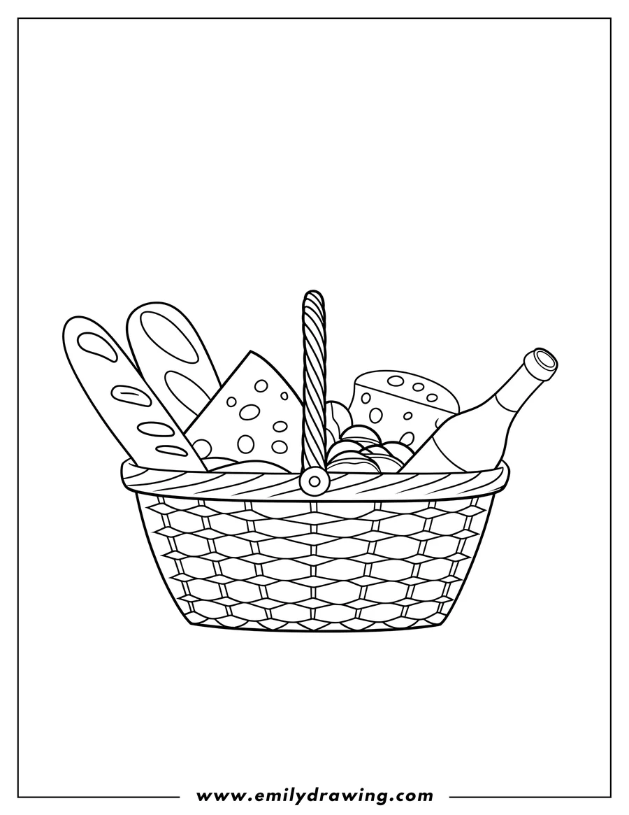 Outline of a basket filled with various food items, including bread, cheese, grapes, and a bottle.
