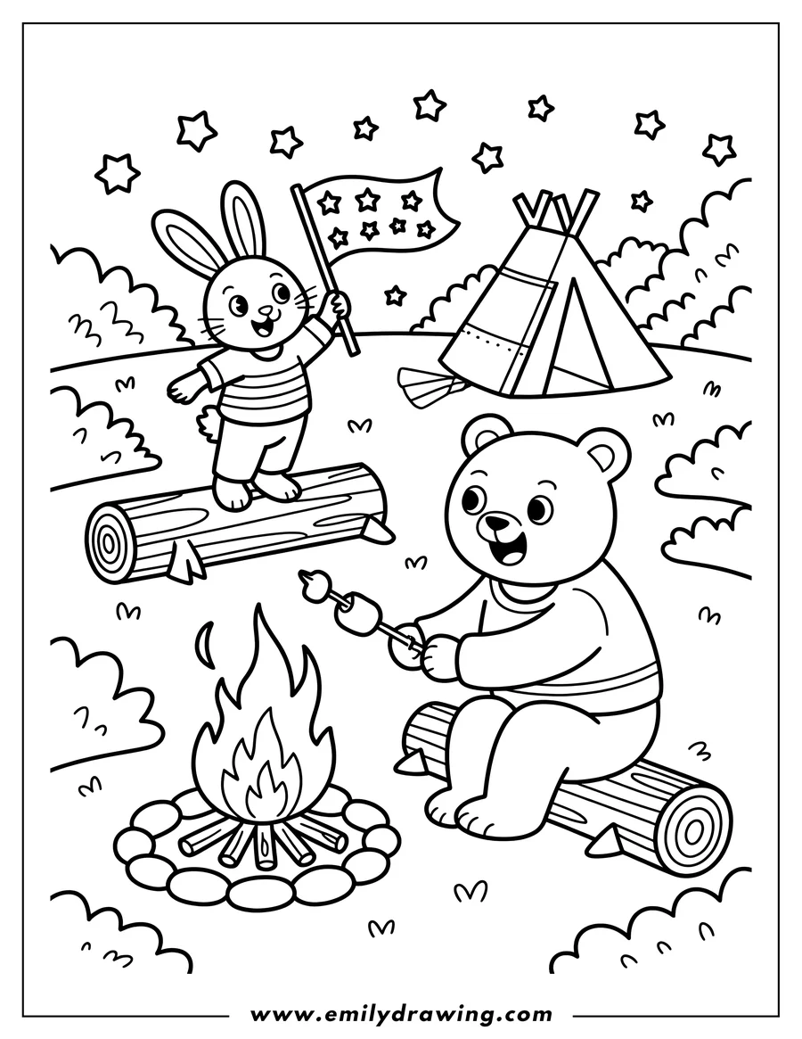 Line art of a bear roasting a marshmallow by a campfire and a rabbit holding a flag at a campsite with a tent in the background.