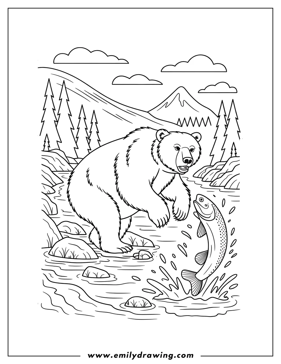 Line art of a bear standing in a river as a fish jumps toward it, against a backdrop of mountains and trees.