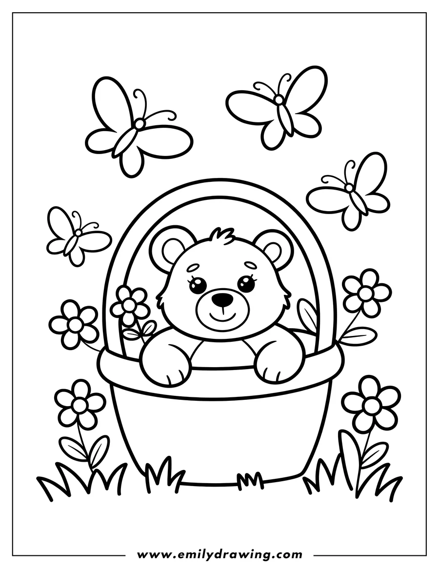 Outline of a bear sitting in a basket with flowers and butterflies fluttering around.