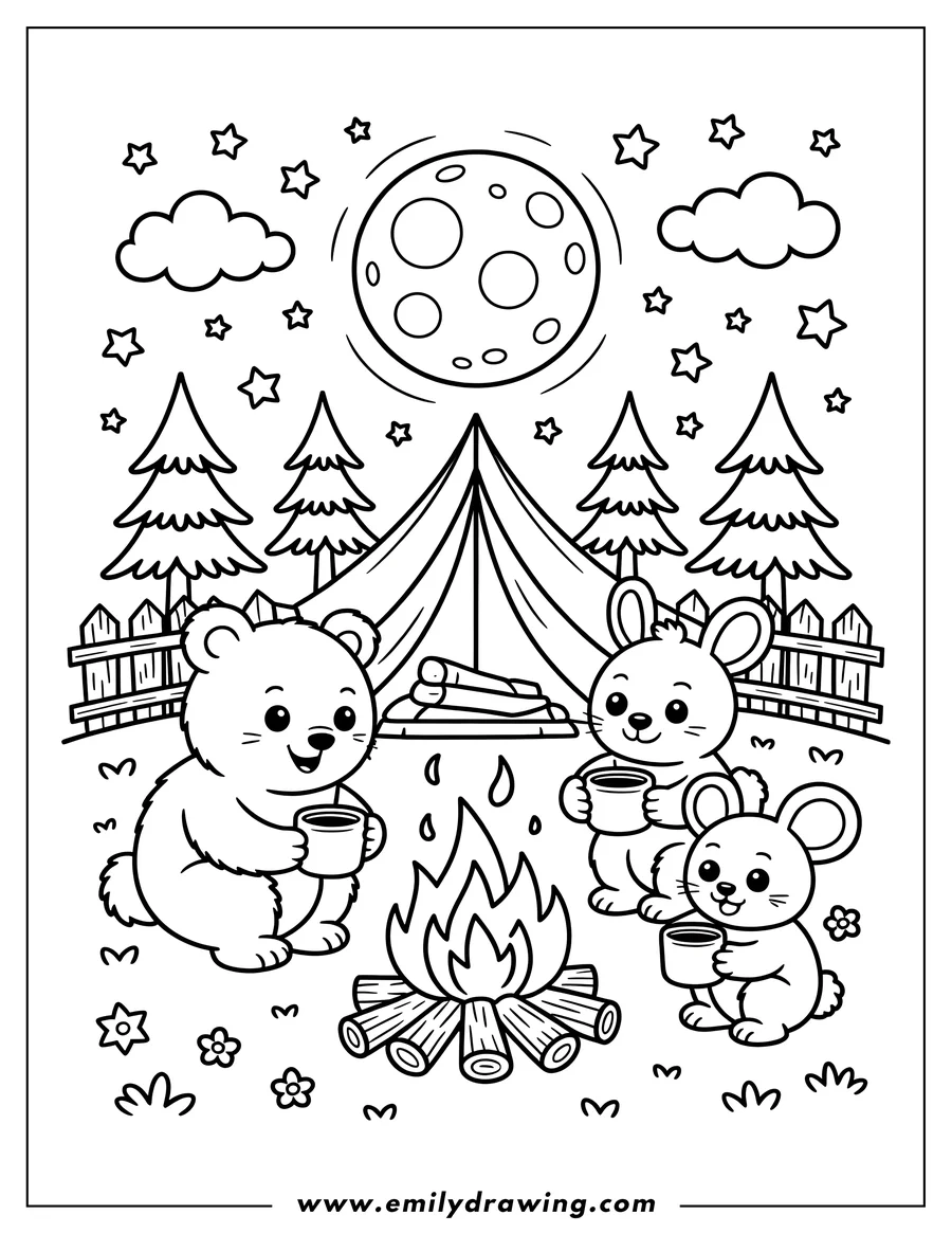 Outline of a bear, rabbit, and mouse enjoying a campfire at night.  They are drinking from mugs under a starry sky with a large moon, tent, and trees in the background.