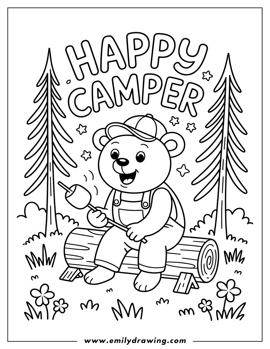 Outline of a bear sitting on a log roasting a marshmallow over a small fire between two pine trees.