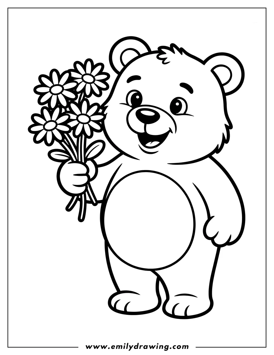 Line art of a friendly bear holding a bouquet of daisies.