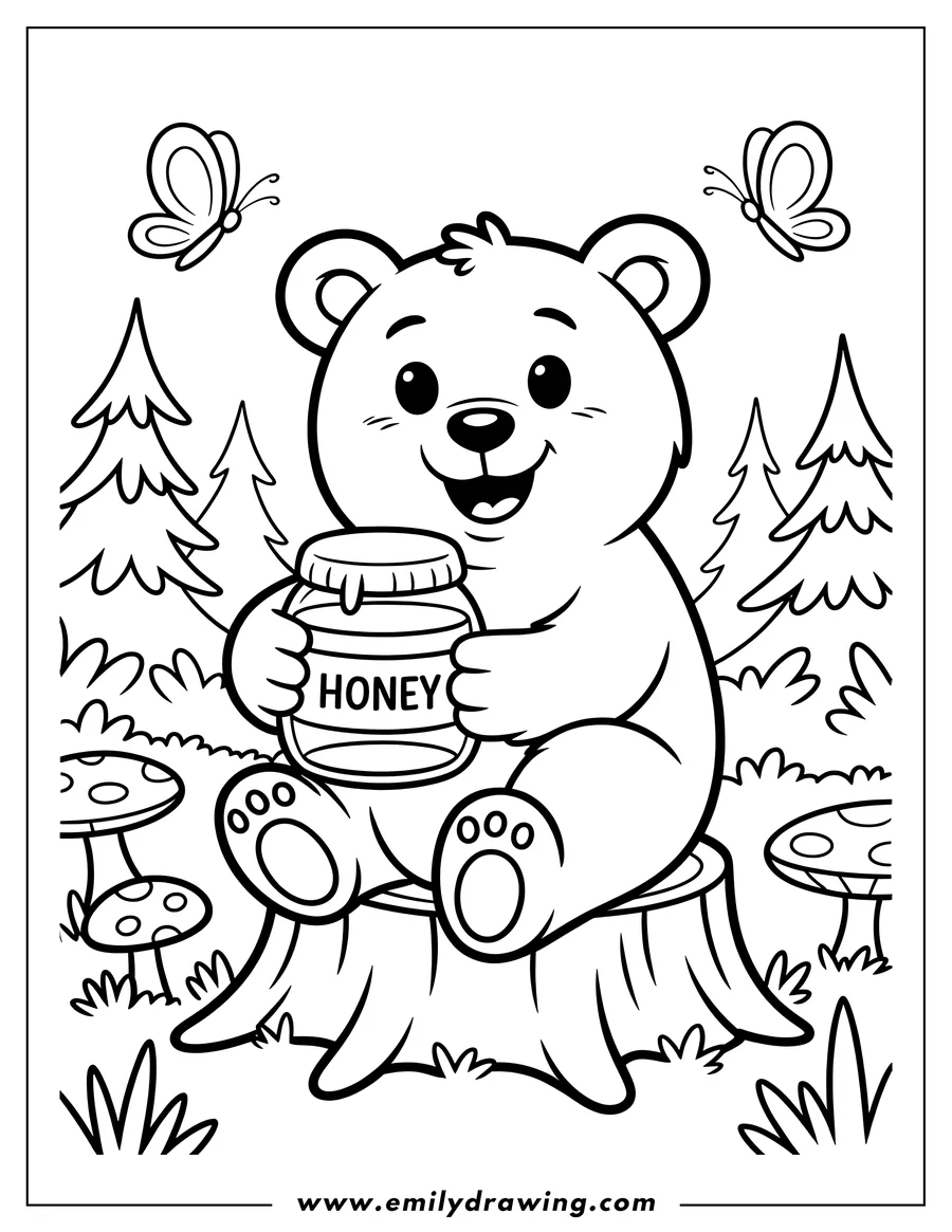 Line art of a bear sitting on a tree stump, holding a jar of honey.  Butterflies flutter around, and mushrooms grow nearby.