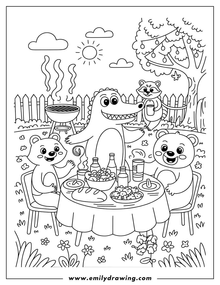 Line art of two bears, a raccoon, and an alligator enjoying a backyard barbecue. They are sitting around a table filled with food and drinks. A barbecue grill is in the background, and a raccoon sits near a tree.