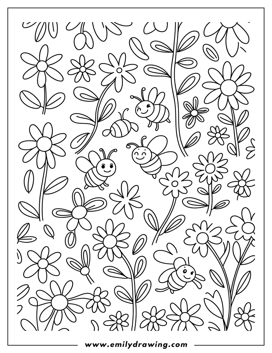 Outline of happy bees buzzing around daisies and leaves.