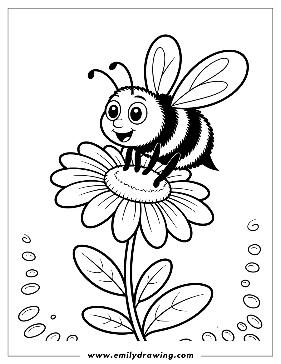 Outline of a cheerful bee resting on a daisy flower.