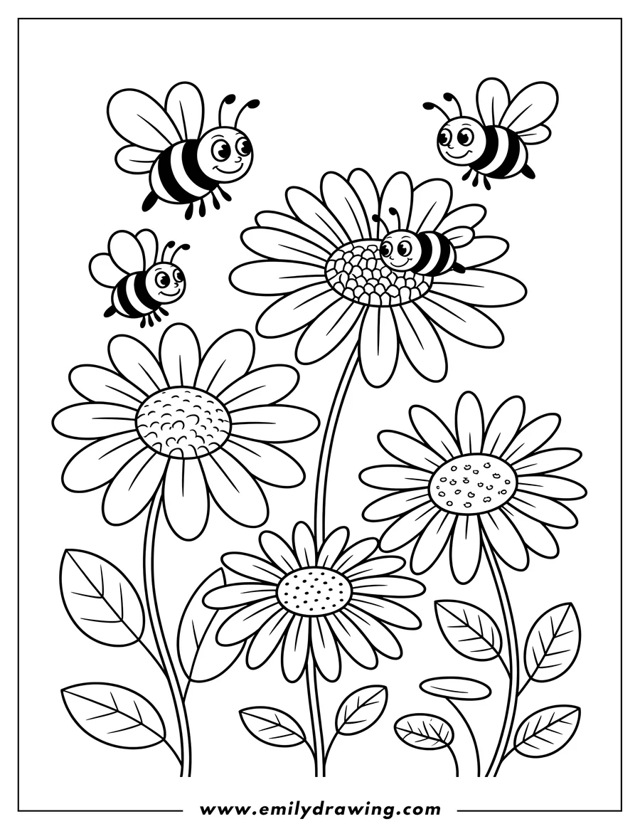 Outline of four bees flying around a patch of daisies.
