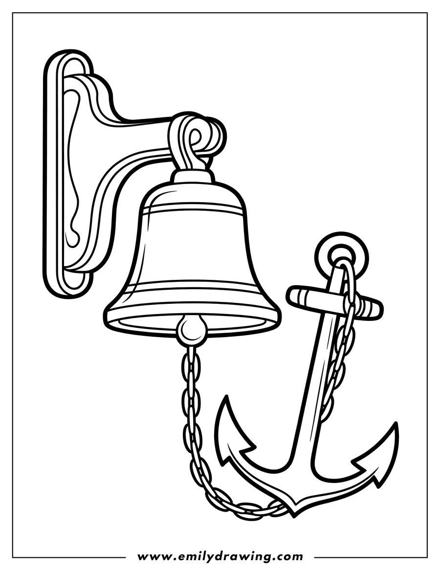 Line art of a bell and anchor. The bell hangs from a bracket, and the anchor is below it, both connected by a chain.