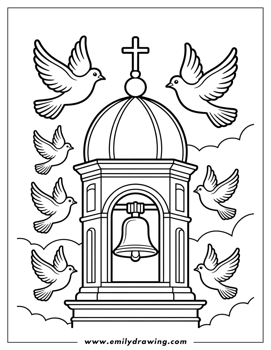 Line art of a bell in a tower with several doves flying around it. A cross sits atop the domed tower.