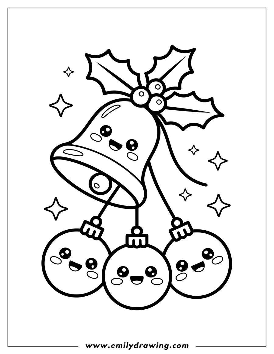 Line art of a Christmas bell with holly leaves and berries, hanging above three smiling Christmas ornaments.