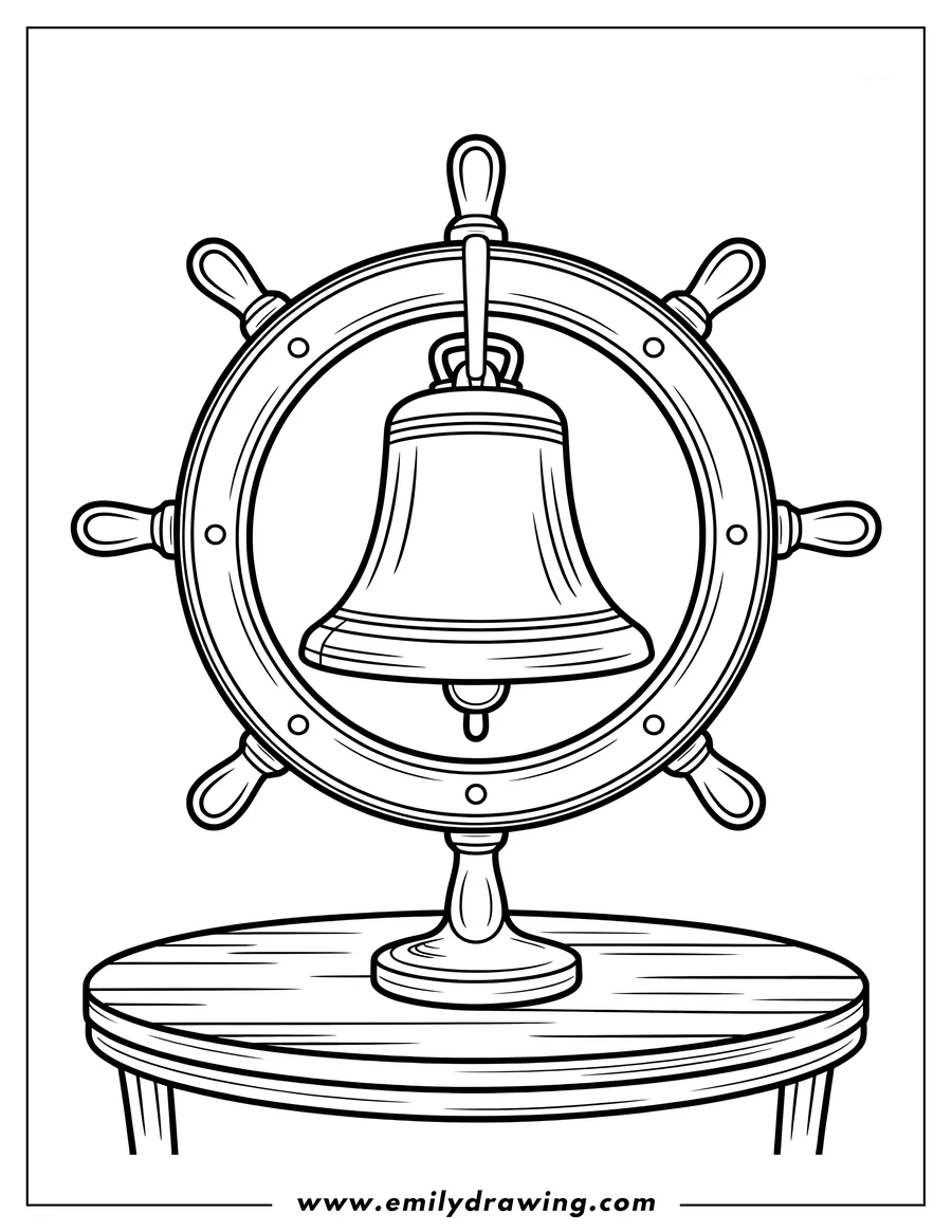 Line art of a bell hanging in the center of a ship's wheel, positioned on a round wooden table. The scene is ready to be colored.